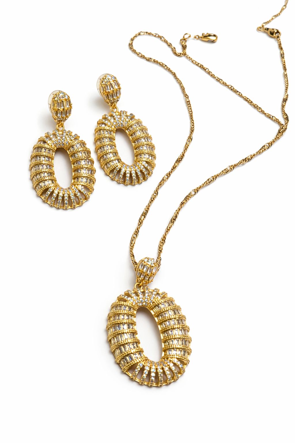 Gold Crystal Oval Pendant Necklace and Earrings Set