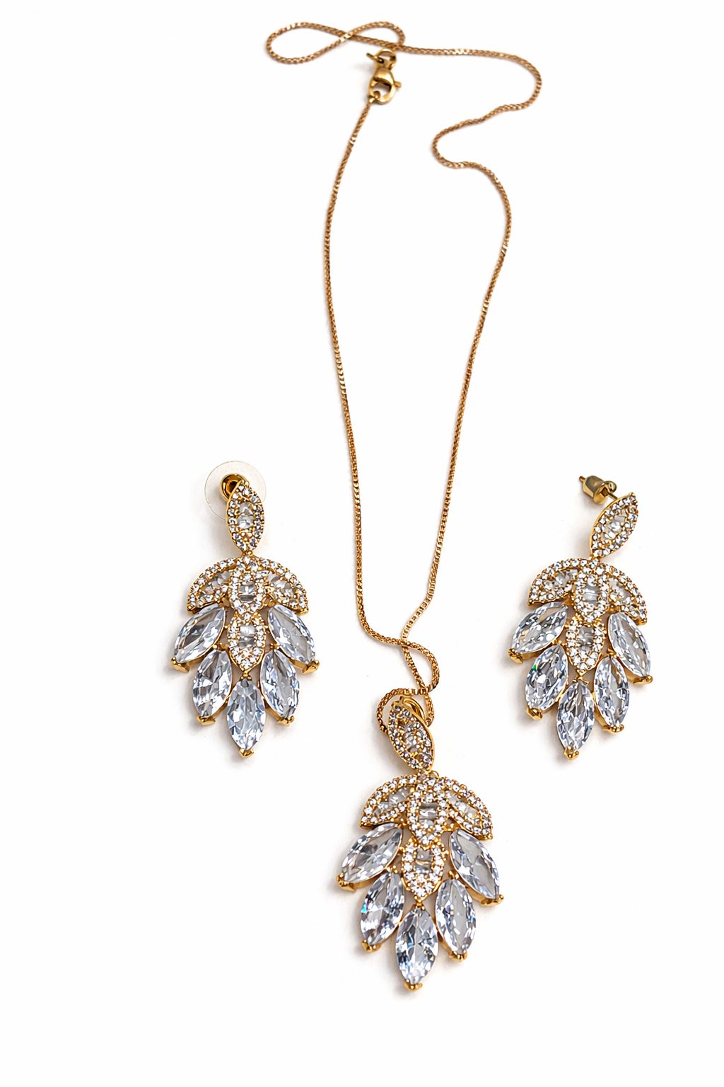Gold Crystal Pendant Necklace and Earrings Set