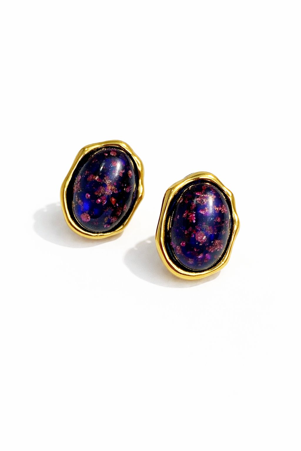 Gold Oval Galaxy Stone Stud Earrings